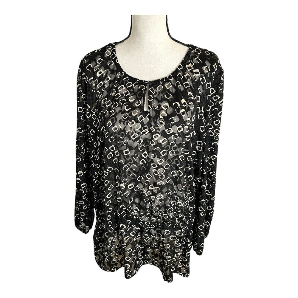 CHICO’S LADIES BLACK‎ and WHITE BLOUSE ELASTIC WAIST TUNIC SIZE 3 ( XL)